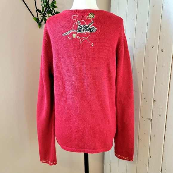 VINTAGE 80's CAT LOVERS COTTON CARDIGAN RED - Picture 6 of 8